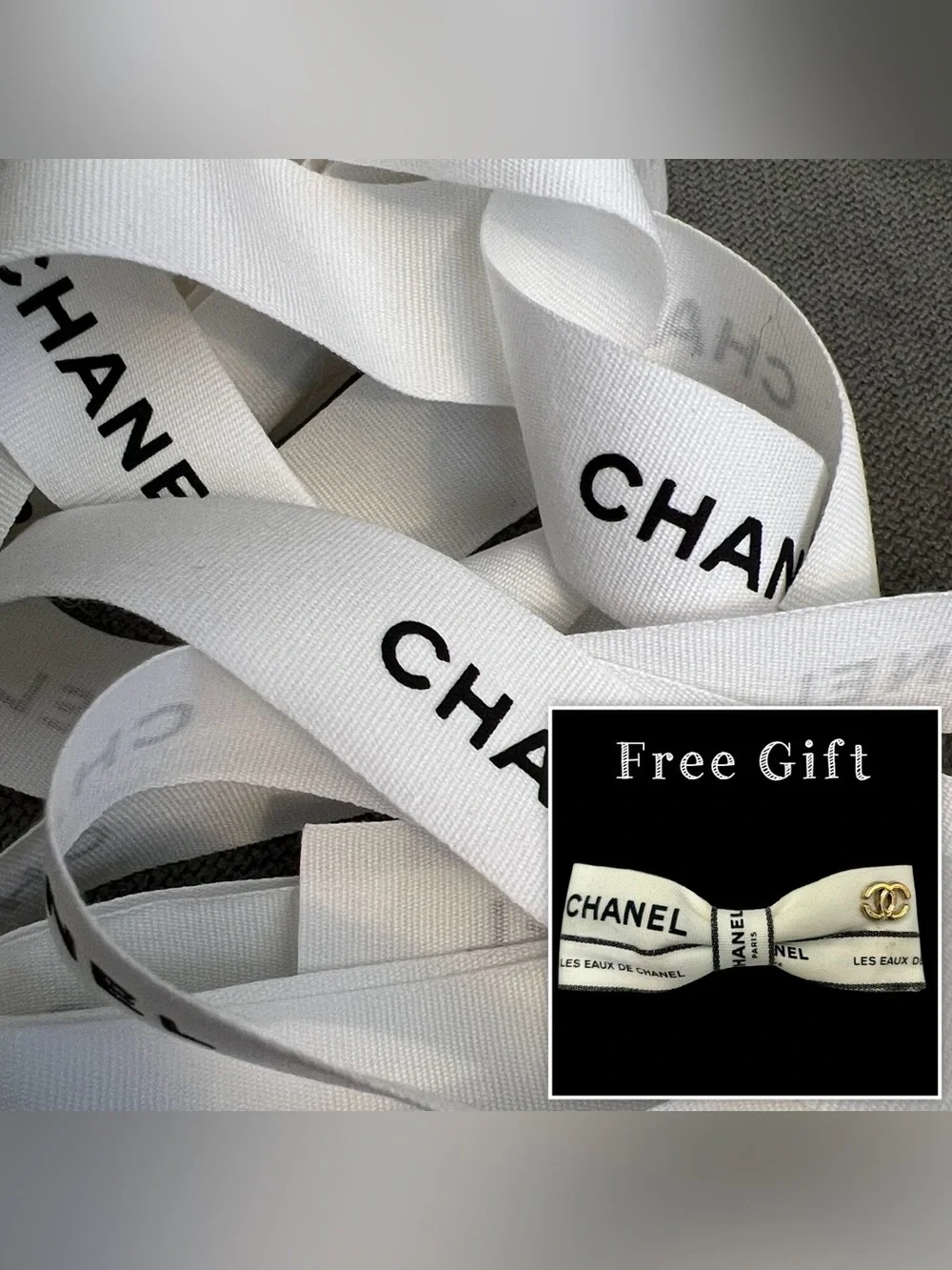 CHANEL White Ribbon with Black Logo 3 Yards